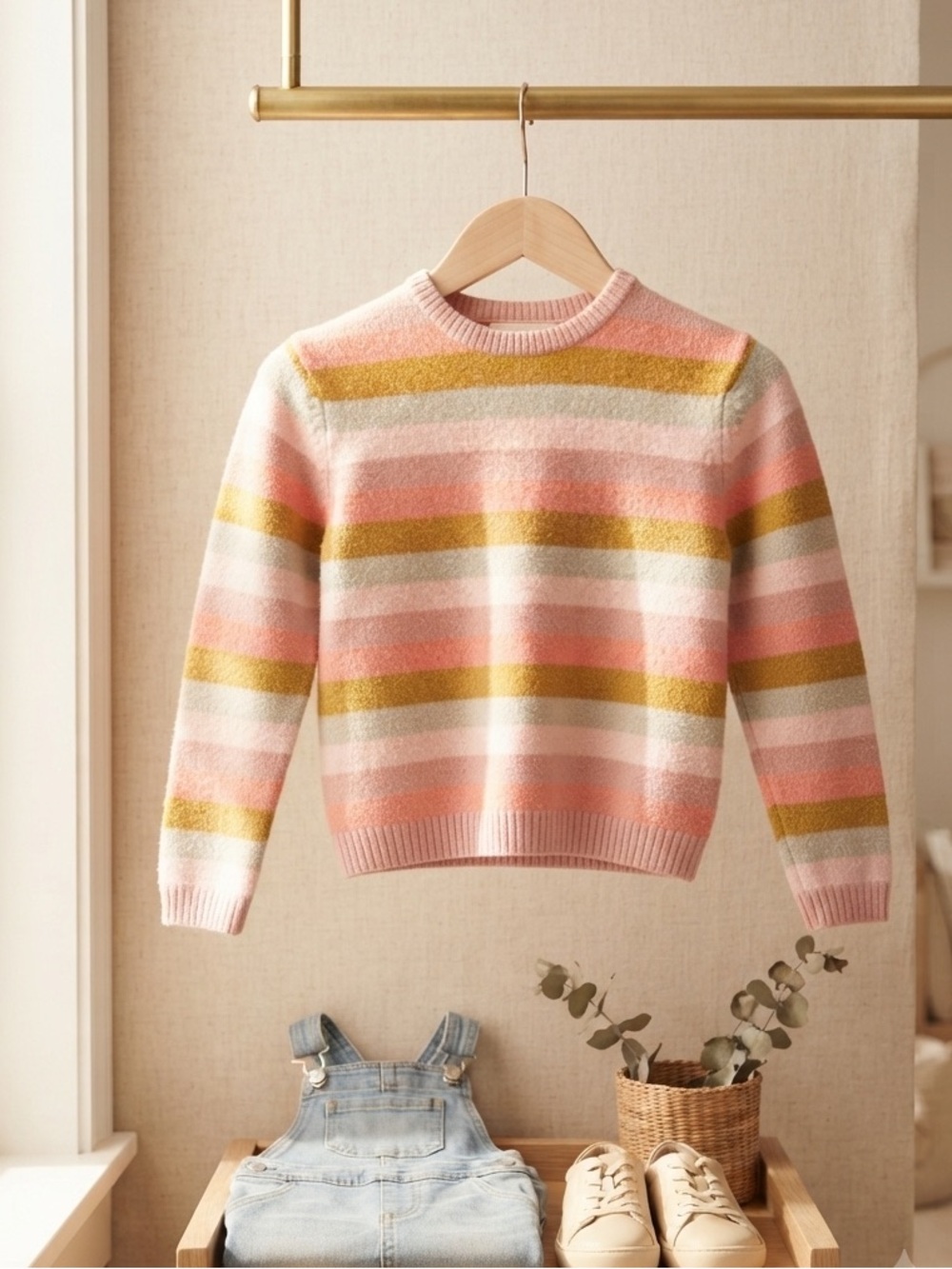 F4A Striped Pink Multi-Color Crewneck Wool Blend Girls Sweater Size 8